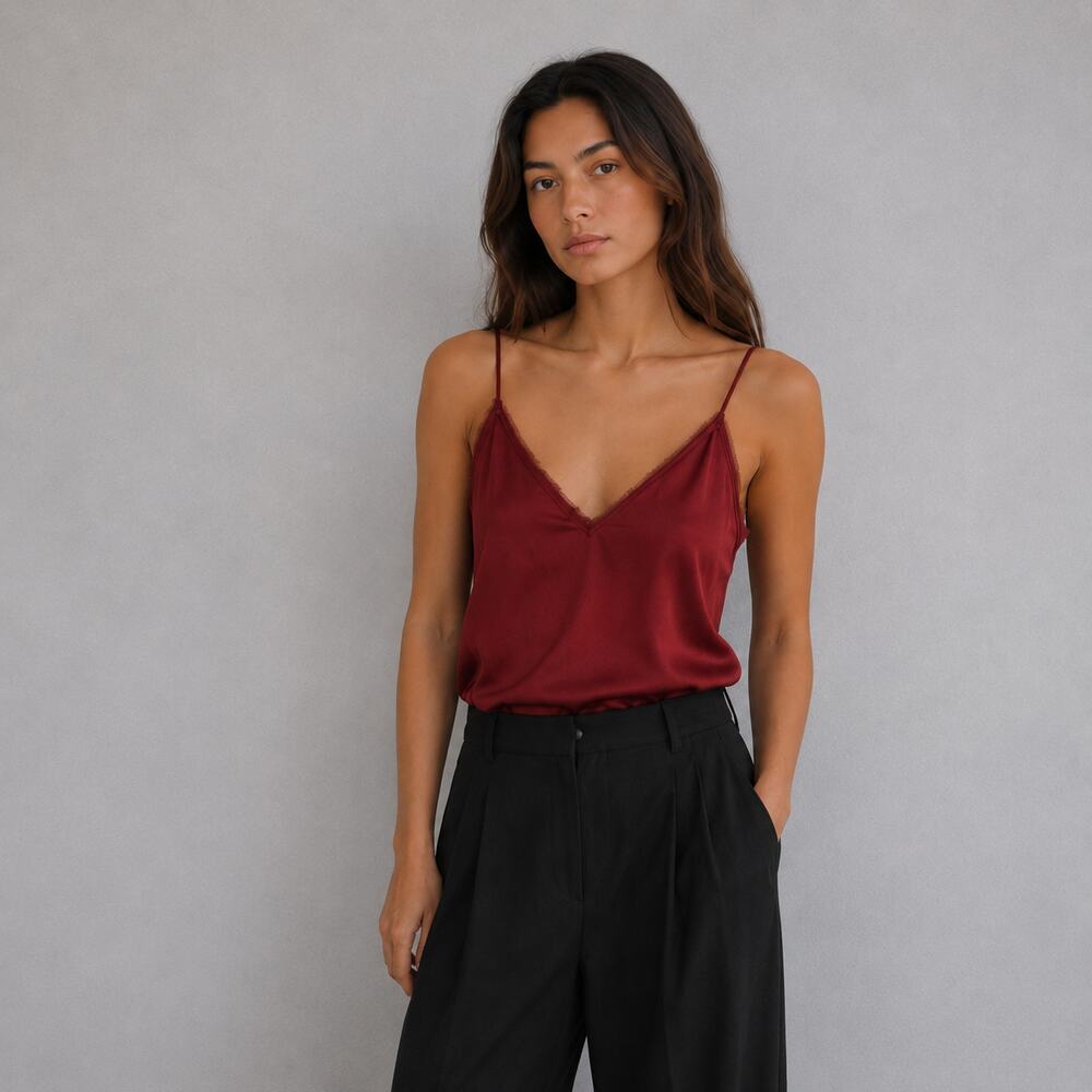 Frame Frayed Hem Satin Cami Top Womens S Burnt Henna Sleeveless V-neck - Picture 1 of 9